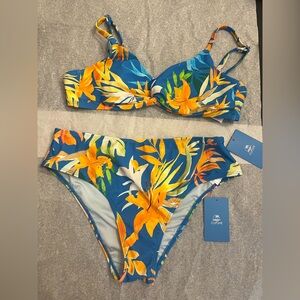 Cupshe Women's Vibrant Floral Bikini Set - Blue and Yellow